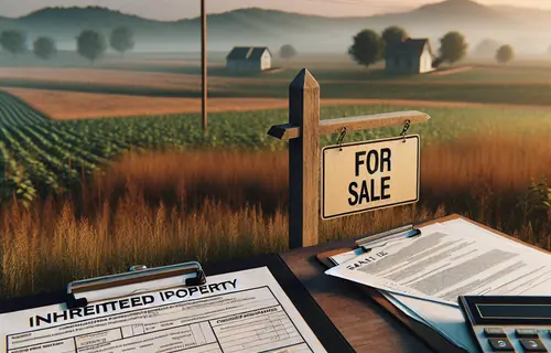 Empty rural land with For Sale sign and tax documents overlay, golden hour lighting, professional stock photo