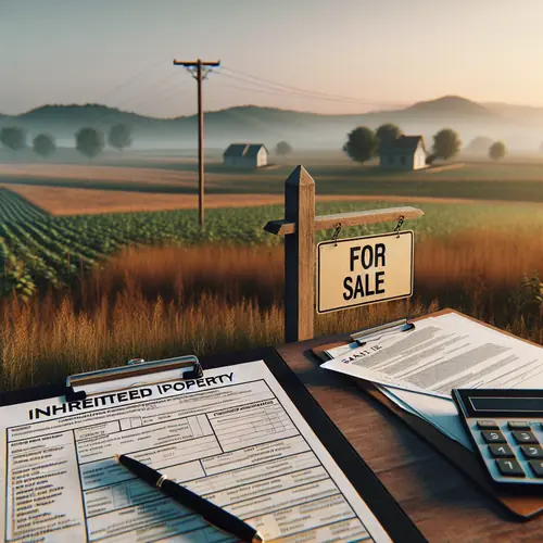 Empty rural land with For Sale sign and tax documents overlay, golden hour lighting, professional stock photo