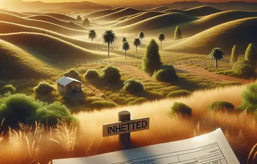 Aerial view of undeveloped land with rolling hills and an 'INHERITED' sign, overlaid with tax documents