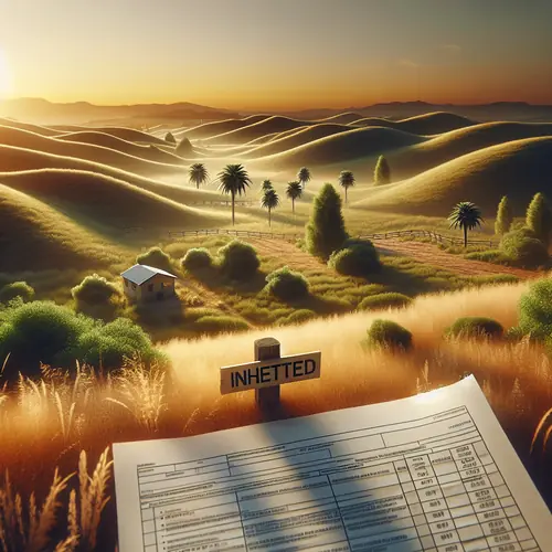 Aerial view of undeveloped land with rolling hills and an 'INHERITED' sign, overlaid with tax documents