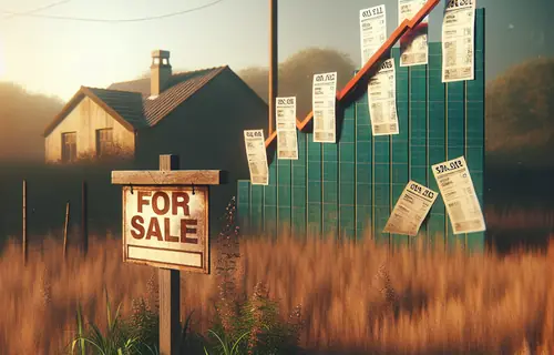 Empty land lot with For Sale sign, overlaid tax bills showing rising costs, red arrows trending up