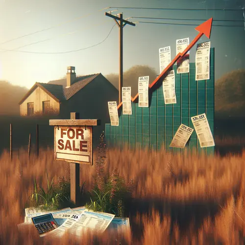 Empty land lot with For Sale sign, overlaid tax bills showing rising costs, red arrows trending up