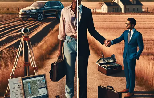 Split-screen comparison: left shows landowner with FSBO sign on vacant lot, right shows handshake deal