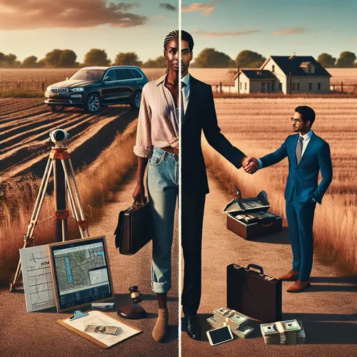 Split-screen comparison: left shows landowner with FSBO sign on vacant lot, right shows handshake deal