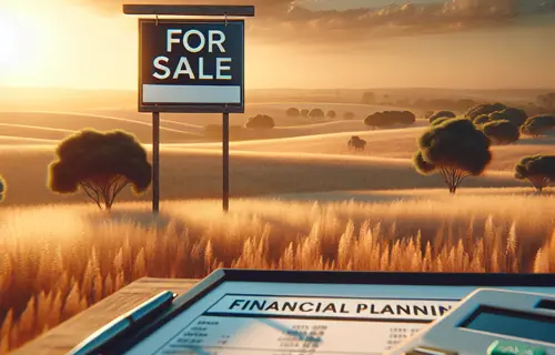 Vacant rural land with For Sale sign at sunset, rolling hills, subtle tax documents overlay, real estate