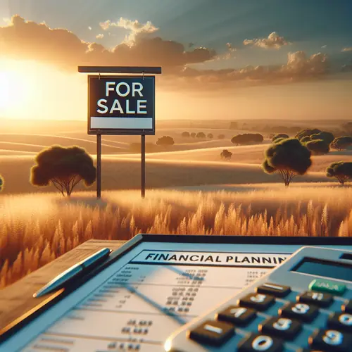 Vacant rural land with For Sale sign at sunset, rolling hills, subtle tax documents overlay, real estate