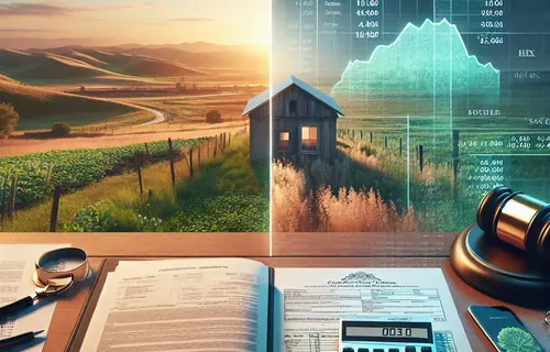 Split-screen image showing vacant rural land with For Sale sign and tax documents with calculator displaying $0