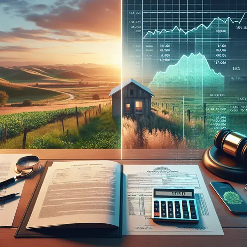 Split-screen image showing vacant rural land with For Sale sign and tax documents with calculator displaying $0